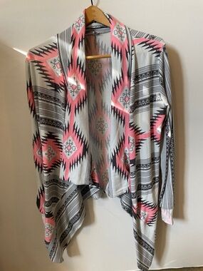 Myobe women's L Coral, Gray & White Tribal Graphic print open front cardigan